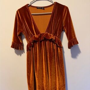 Nasty Gal Velvet Ruffle Mini Dress in Burnt Orange